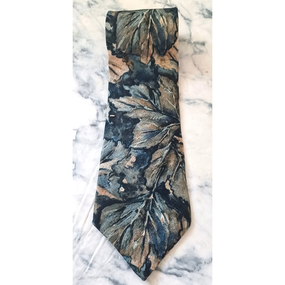 Bachrach Italy Silk Necktie Men Tie Green Blue Abstract Leaf Print Earthy Artsy